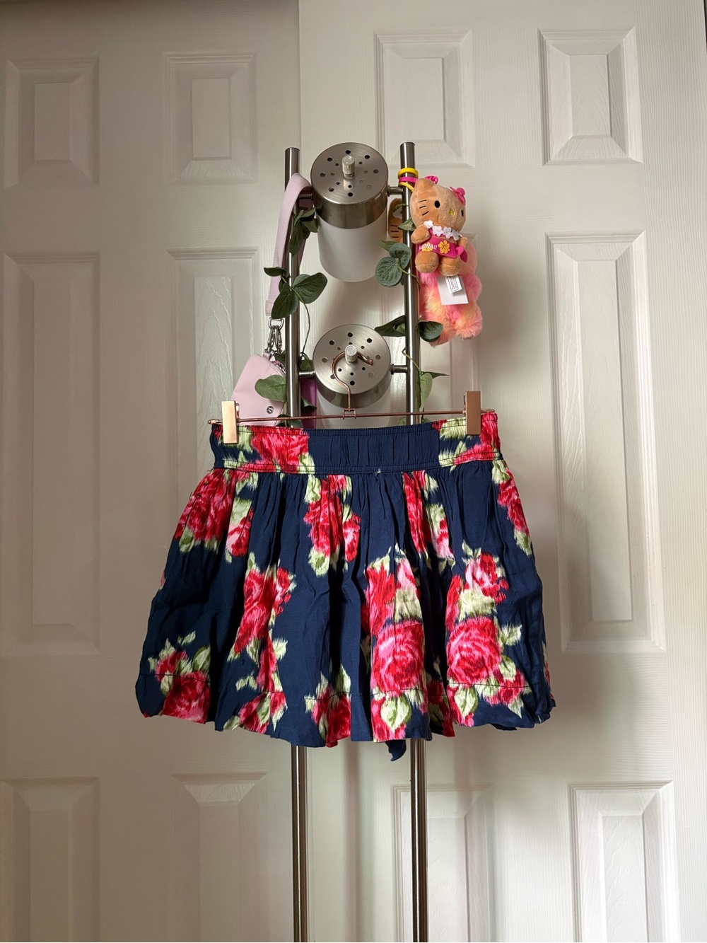 Navy Floral Skirt - Pink & Green Rose Print